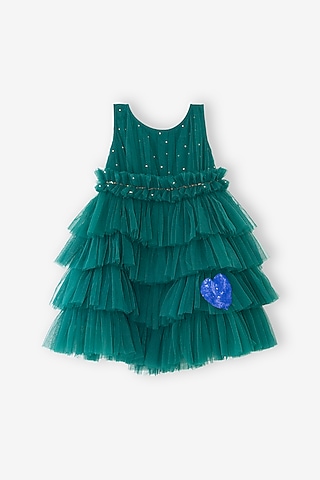 Dark Green Net Dress For Girls by Anaario