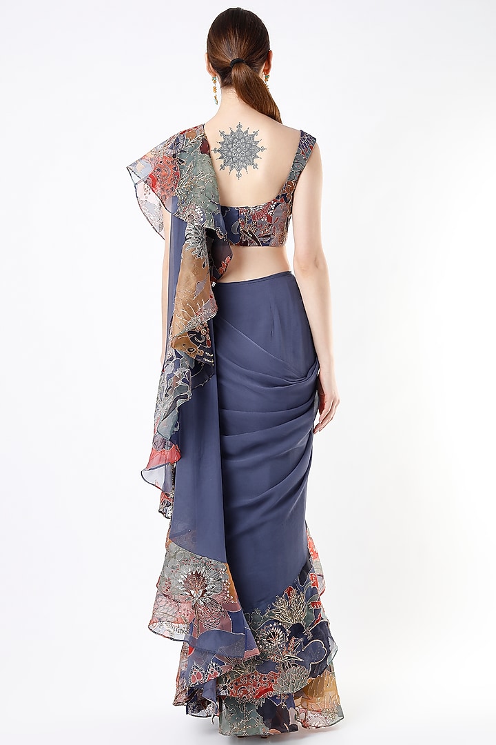 Violet Printed & Embellished Reception Saree Set by Aisha Rao at Pernia's Pop Up Shop