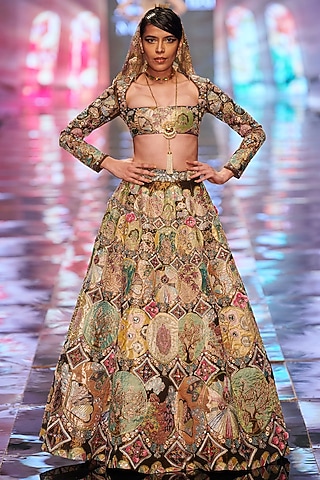 Gold Printed & Embellished Lehenga Set by Aisha Rao
