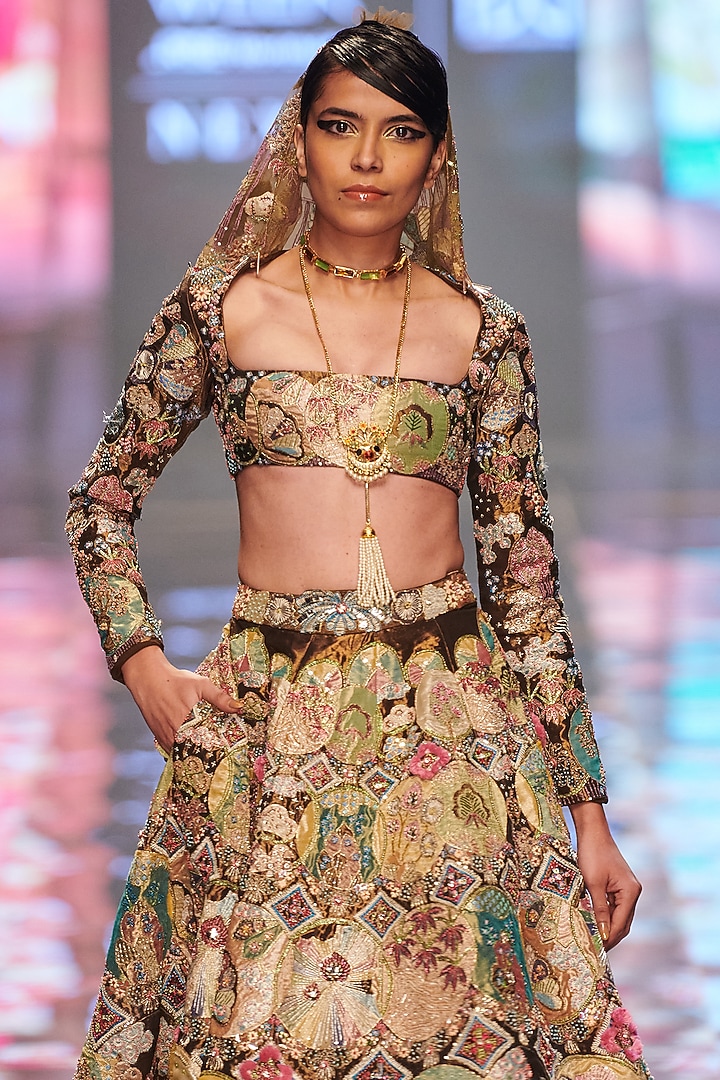 Gold Printed & Embellished Bridal Lehenga Set by Aisha Rao at Pernia's Pop Up Shop