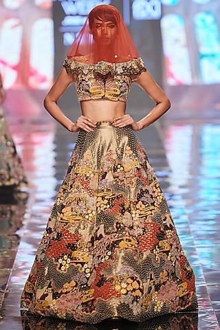 Gold Printed & Embellished Lehenga Set by Aisha Rao