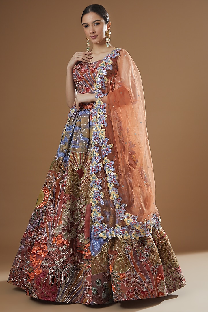 Multi-Colored Organza Printed & Embellished Bridal Lehenga Set by Aisha Rao at Pernia's Pop Up Shop