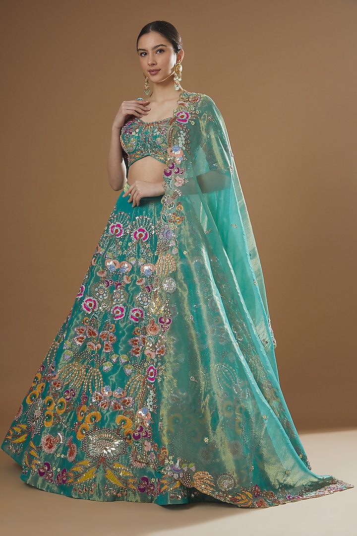 Turquoise Tissue Embellished Bridal Lehenga Set by Aisha Rao at Pernia's Pop Up Shop