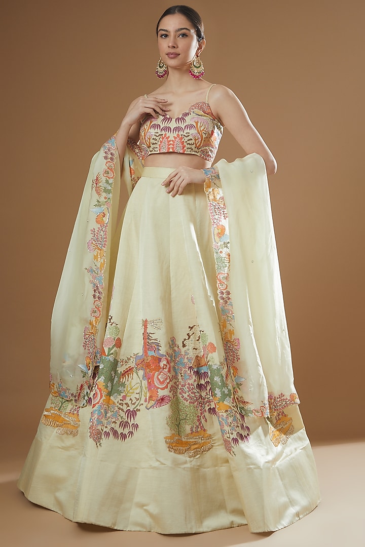 Ivory Satin Embellished Lehenga Set by Aisha Rao