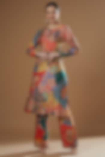 Multi-Colored Raw Silk Printed & Embellished Kurta Set by Aisha Rao at Pernia's Pop Up Shop