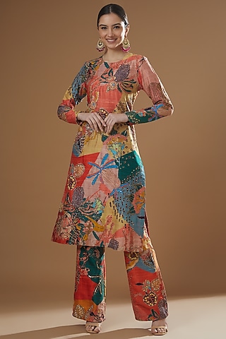 Multi-Colored Raw Silk Printed & Embellished Kurta Set by Aisha Rao