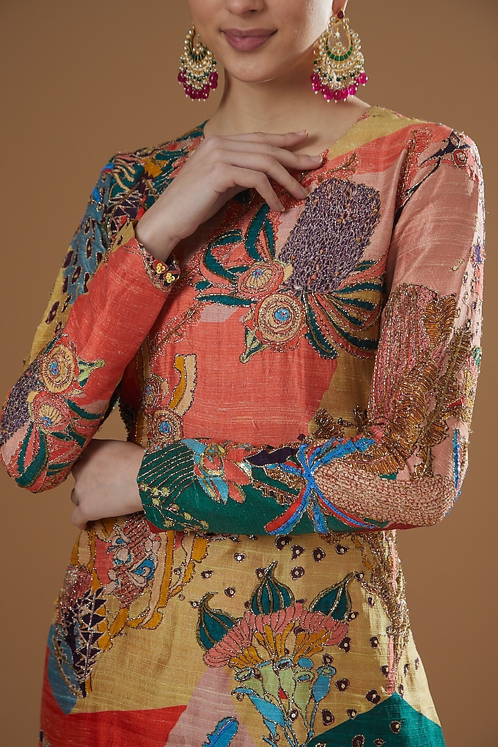 Multi-Colored Raw Silk Printed & Embellished Kurta Set by Aisha Rao at Pernia's Pop Up Shop