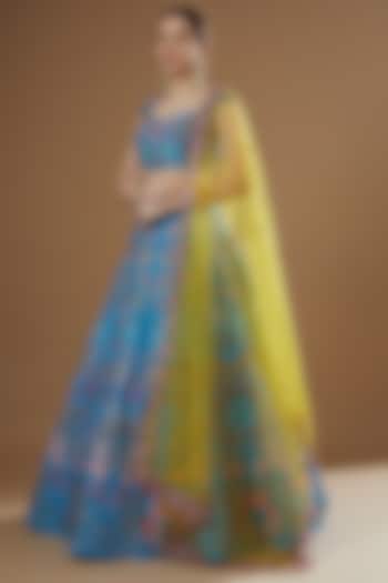 Cyan Blue Silk Embellished Kali Bridal Lehenga Set by Aisha Rao at Pernia's Pop Up Shop