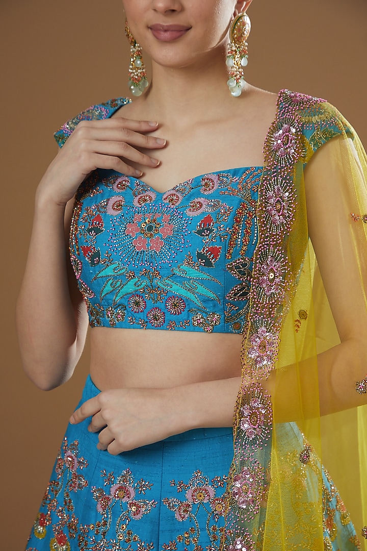 Cyan Blue Silk Embellished Kali Bridal Lehenga Set by Aisha Rao at Pernia's Pop Up Shop