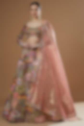 Maroon Tissue Embellished Kali Lehenga Set by Aisha Rao