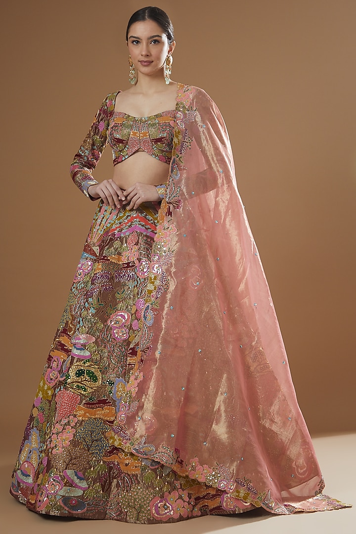 Maroon Tissue Embellished Kali Lehenga Set by Aisha Rao
