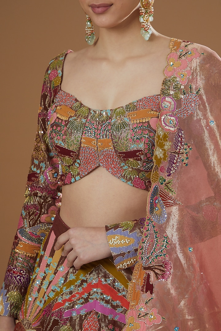 Maroon Tissue Embellished Kali Bridal Lehenga Set by Aisha Rao at Pernia's Pop Up Shop