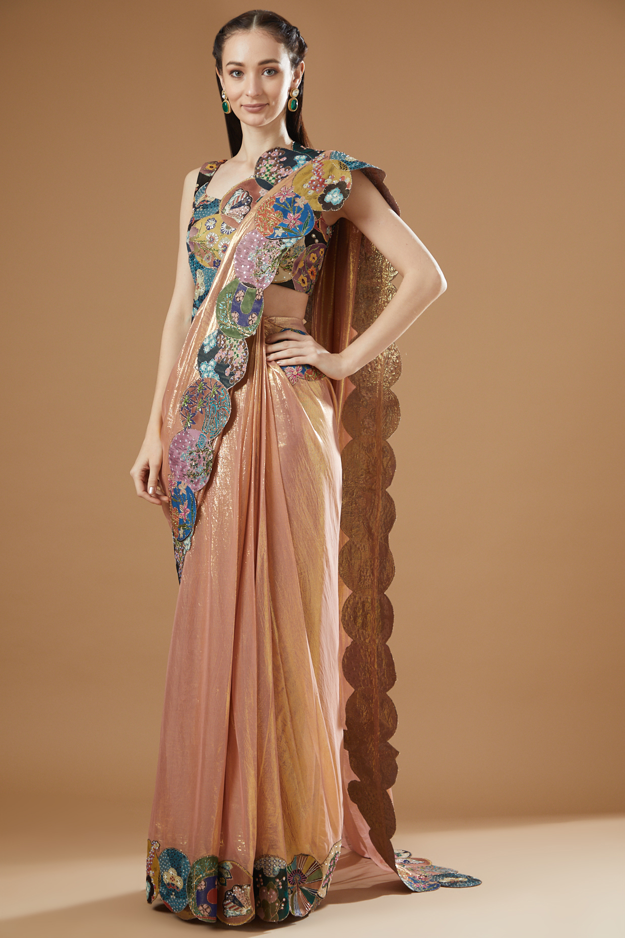 Pink Mustard Trencadis Dobby Printed & Embellished Saree Set by Aisha Rao