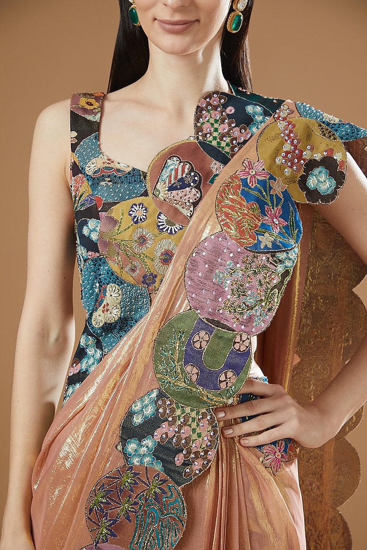 Pink Mustard Trencadis Dobby Printed & Embellished Reception Saree Set by Aisha Rao at Pernia's Pop Up Shop