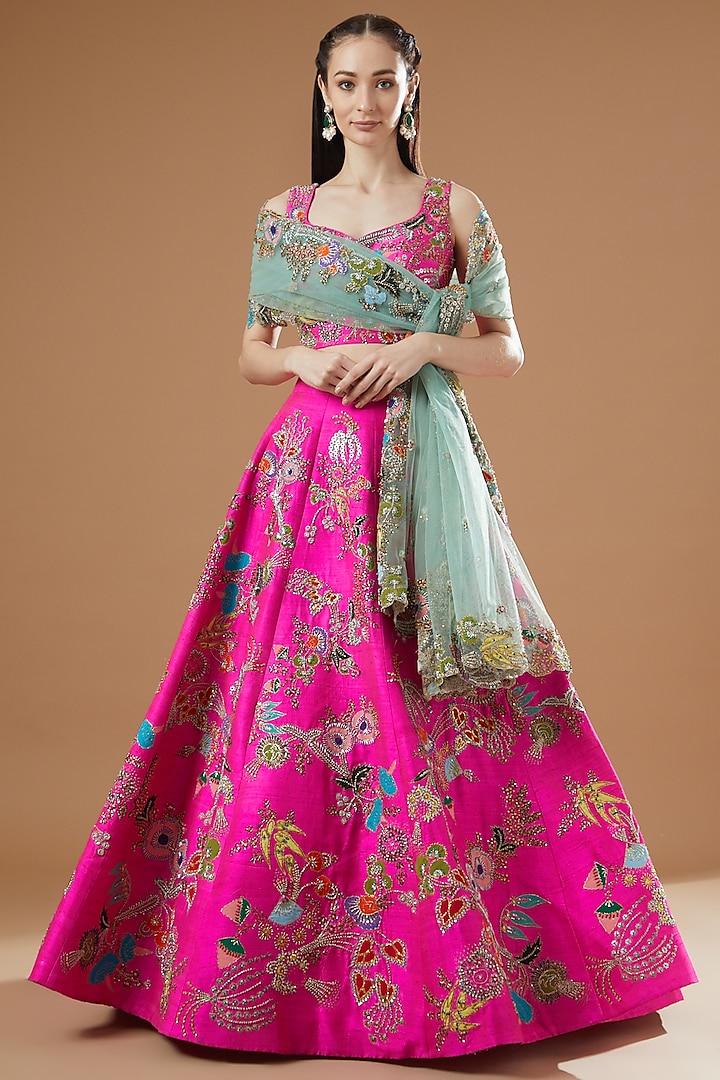 Pink Raw Silk Embellished Lehenga Set by Aisha Rao