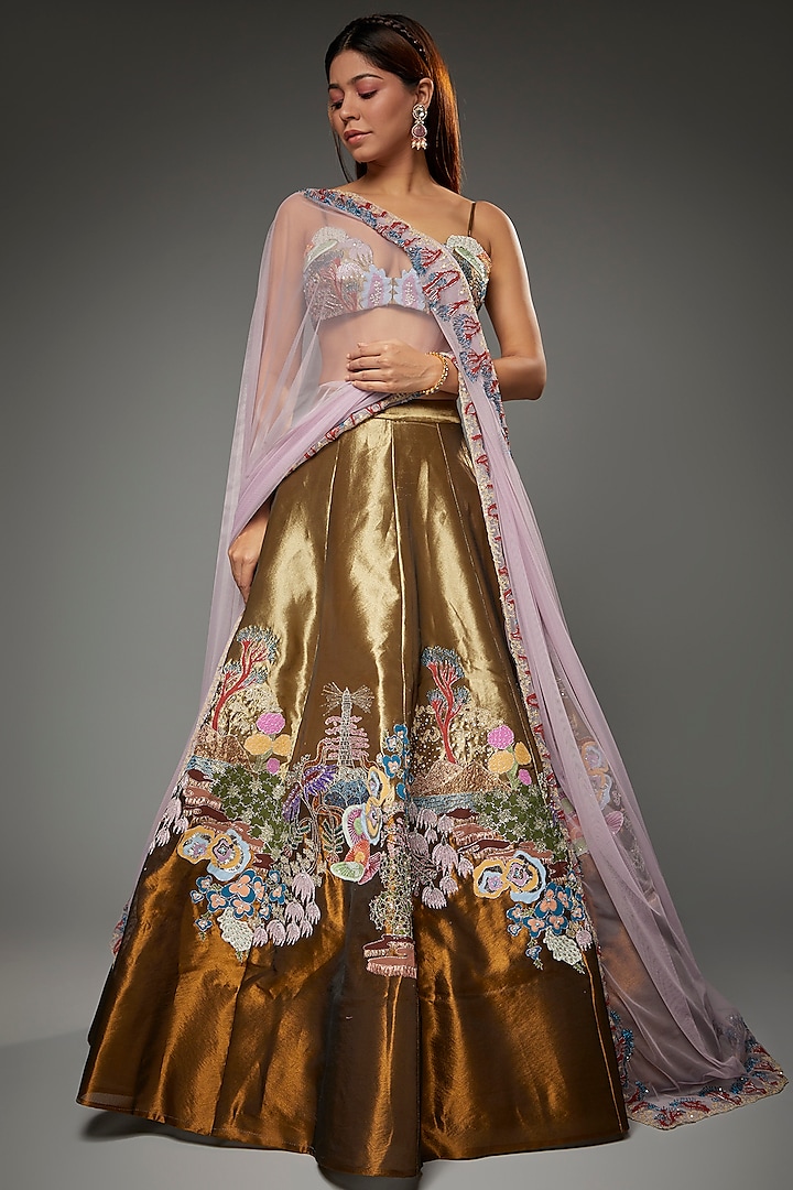 Gold & Copper Tissue Embellished Lehenga Set by Aisha Rao