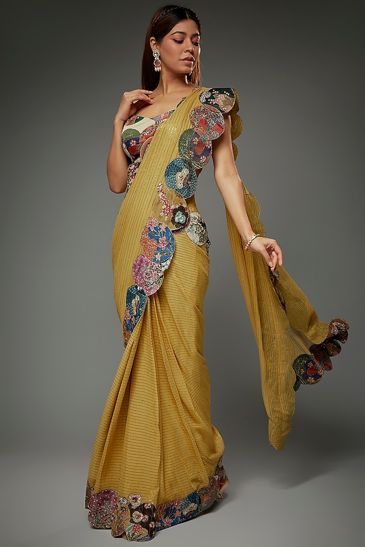 Mustard Dobby Printed & Embellished Saree  by Aisha Rao