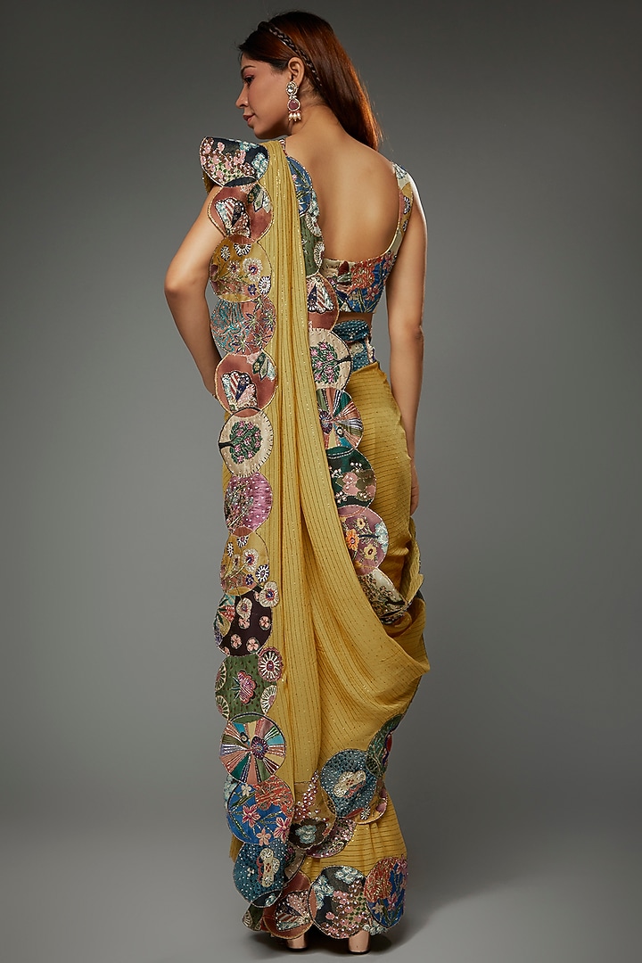 Mustard Dobby Printed & Embellished Reception Saree by Aisha Rao at Pernia's Pop Up Shop