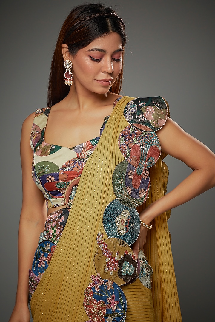 Mustard Dobby Printed & Embellished Reception Saree by Aisha Rao at Pernia's Pop Up Shop