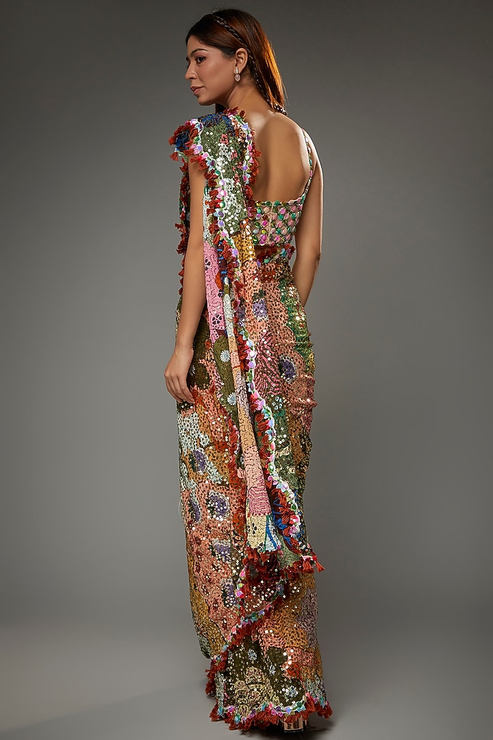 Multi-Colored Georgette Embroidered Bridal Saree Set by Aisha Rao at Pernia's Pop Up Shop