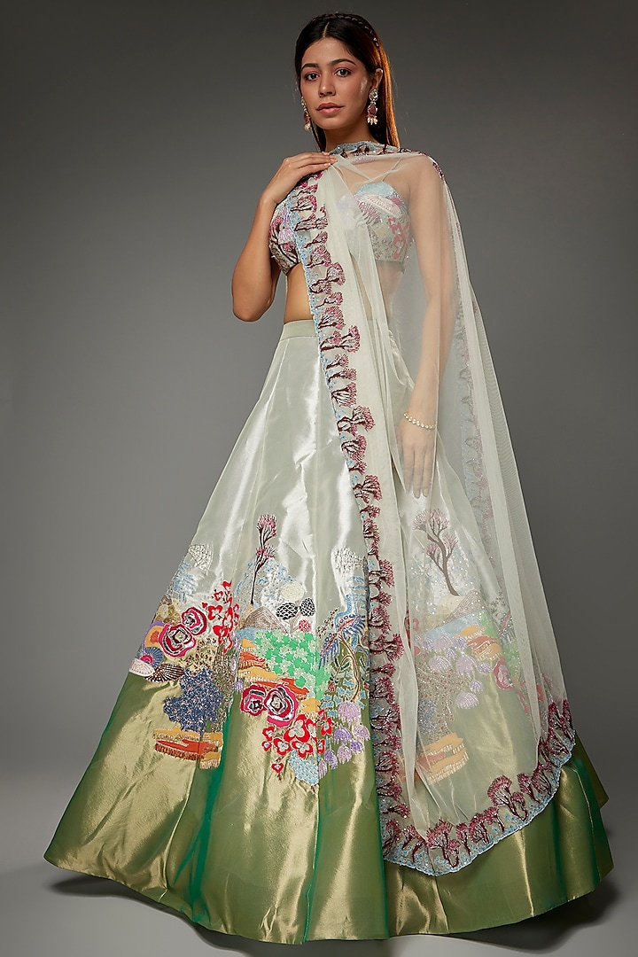 Ivory & Green Tissue Embellished Bridal Lehenga Set by Aisha Rao at Pernia's Pop Up Shop