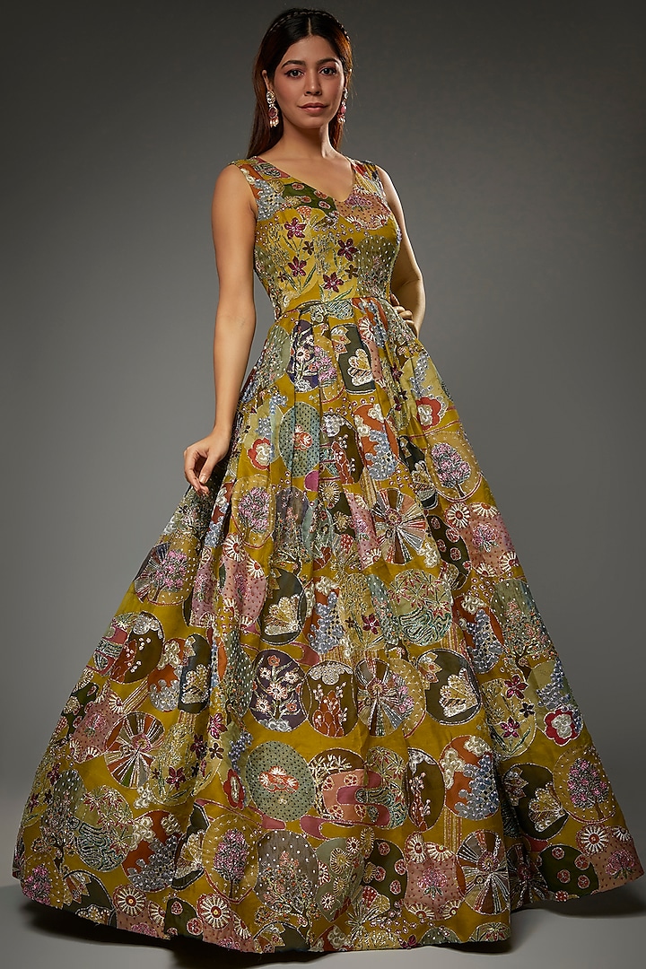 Yellow Organza Printed & Embellished Gown by Aisha Rao