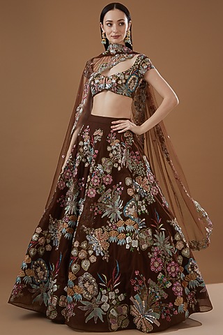 Maroon Net Embellished Lehenga Set by Aisha Rao