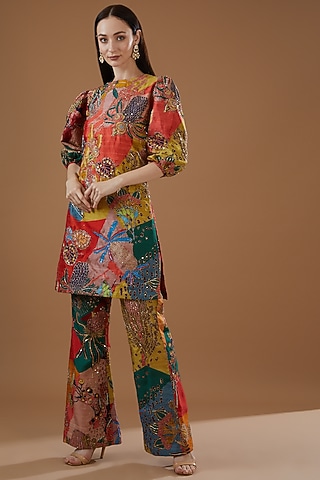 Red Raw Silk Printed & Embellished Kurta Set by Aisha Rao