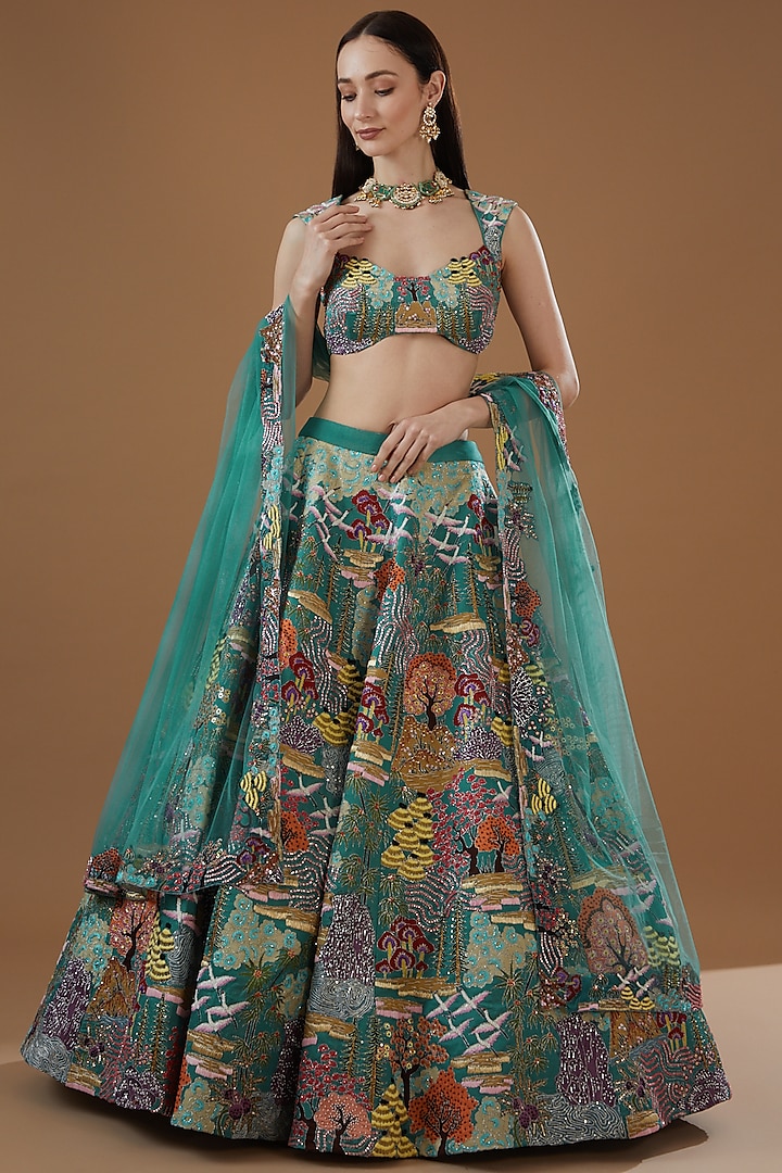 Mykonos Green Tissue Organza Printed & Embellished Bridal Lehenga Set by Aisha Rao at Pernia's Pop Up Shop