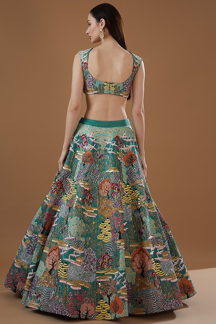 Mykonos Green Tissue Organza Printed & Embellished Bridal Lehenga Set by Aisha Rao at Pernia's Pop Up Shop