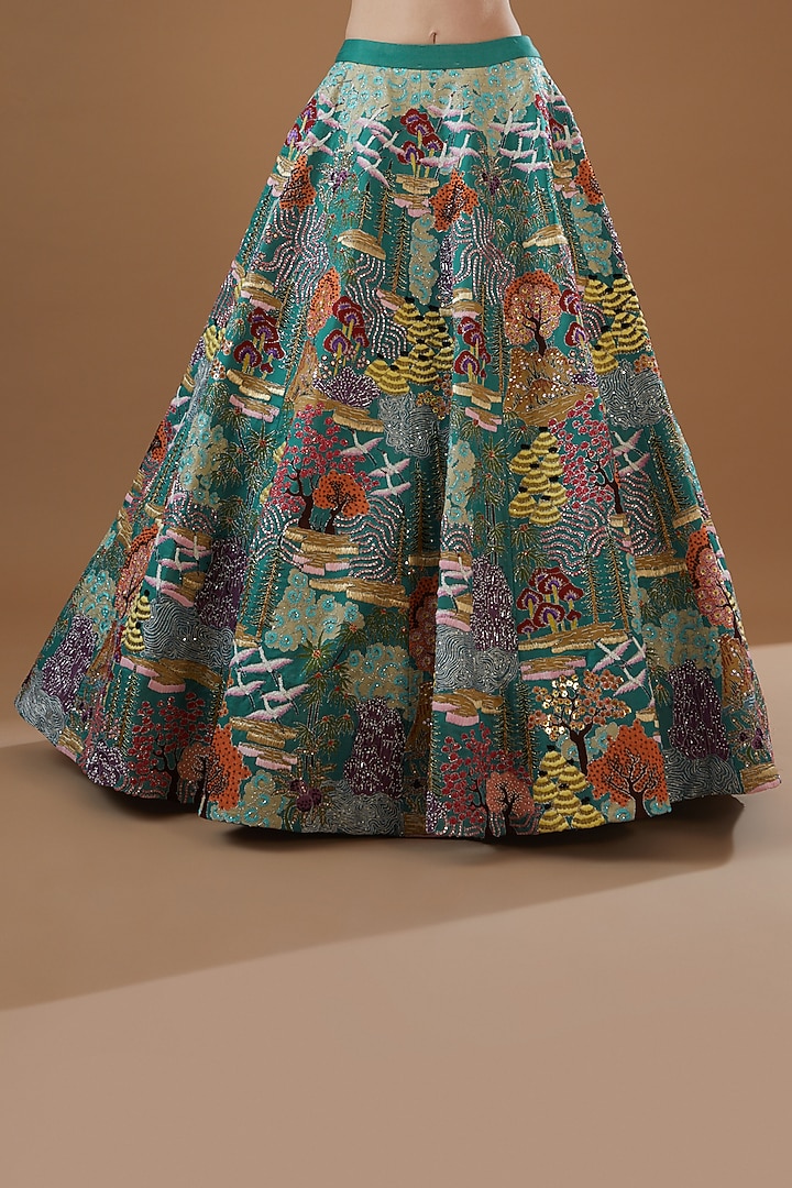 Mykonos Green Tissue Organza Printed & Embellished Bridal Lehenga Set by Aisha Rao at Pernia's Pop Up Shop