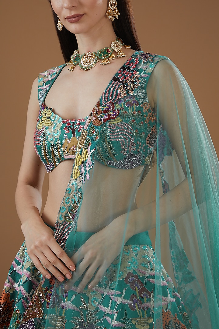 Mykonos Green Tissue Organza Printed & Embellished Bridal Lehenga Set by Aisha Rao at Pernia's Pop Up Shop
