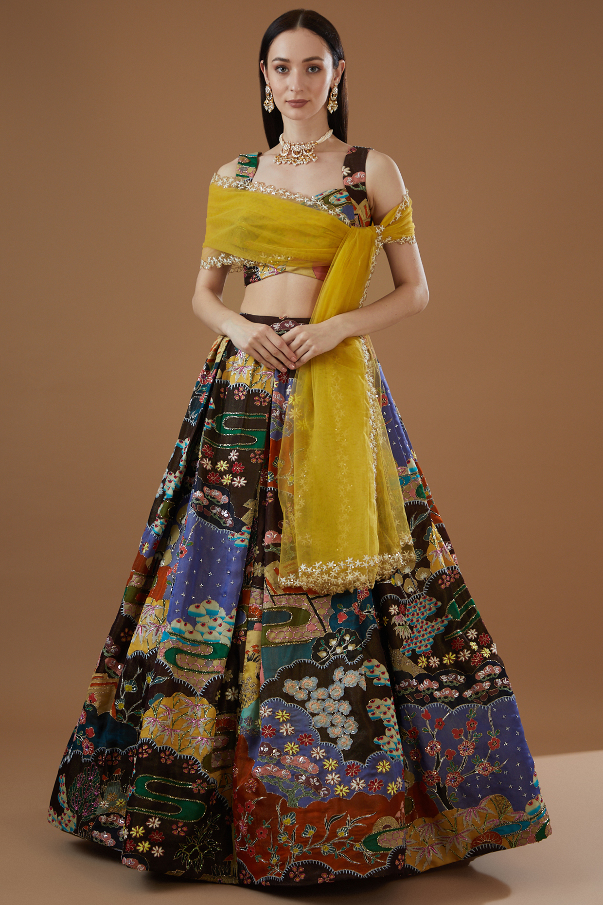 Multi-Colored Tissue Organza Printed & Embellished Lehenga Set by Aisha Rao