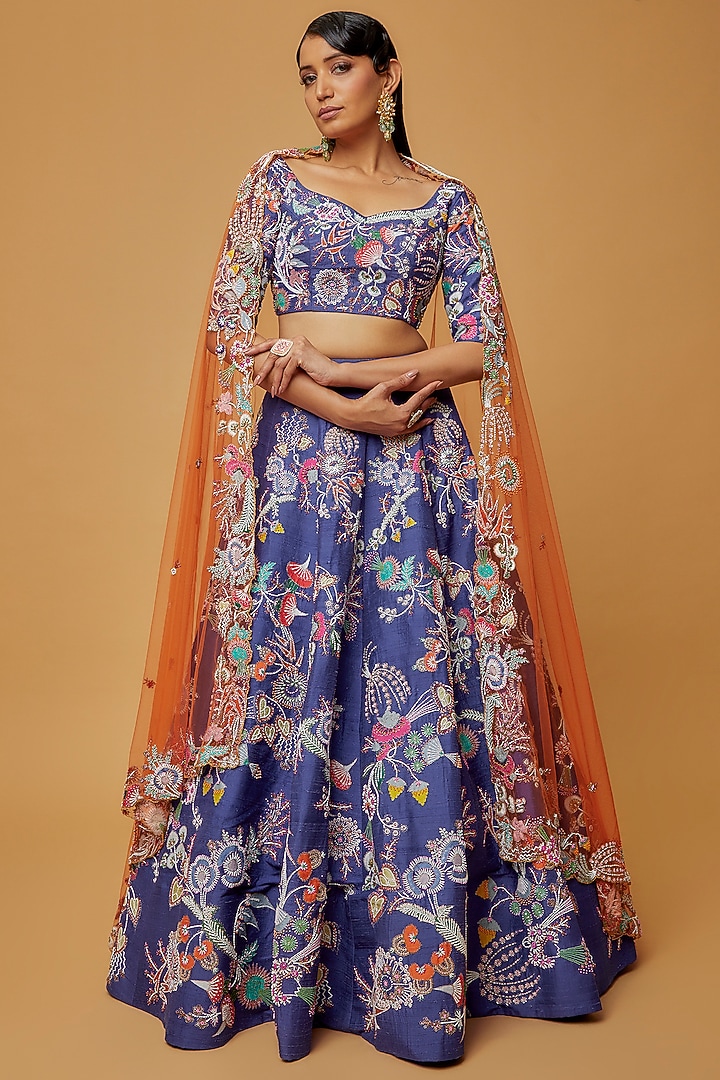 Electric Blue Raw Silk Embellished Bridal Lehenga Set by Aisha Rao at Pernia's Pop Up Shop