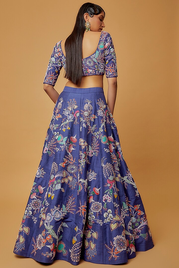 Electric Blue Raw Silk Embellished Bridal Lehenga Set by Aisha Rao at Pernia's Pop Up Shop