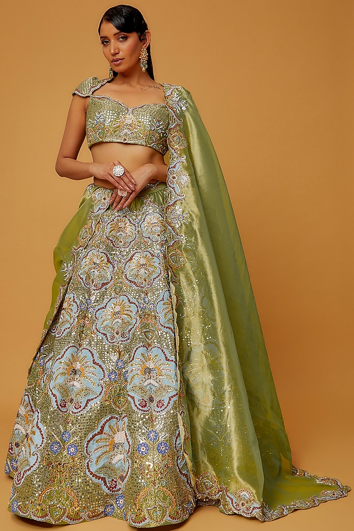 Mint Green Tissue Embellished Lehenga Set by Aisha Rao