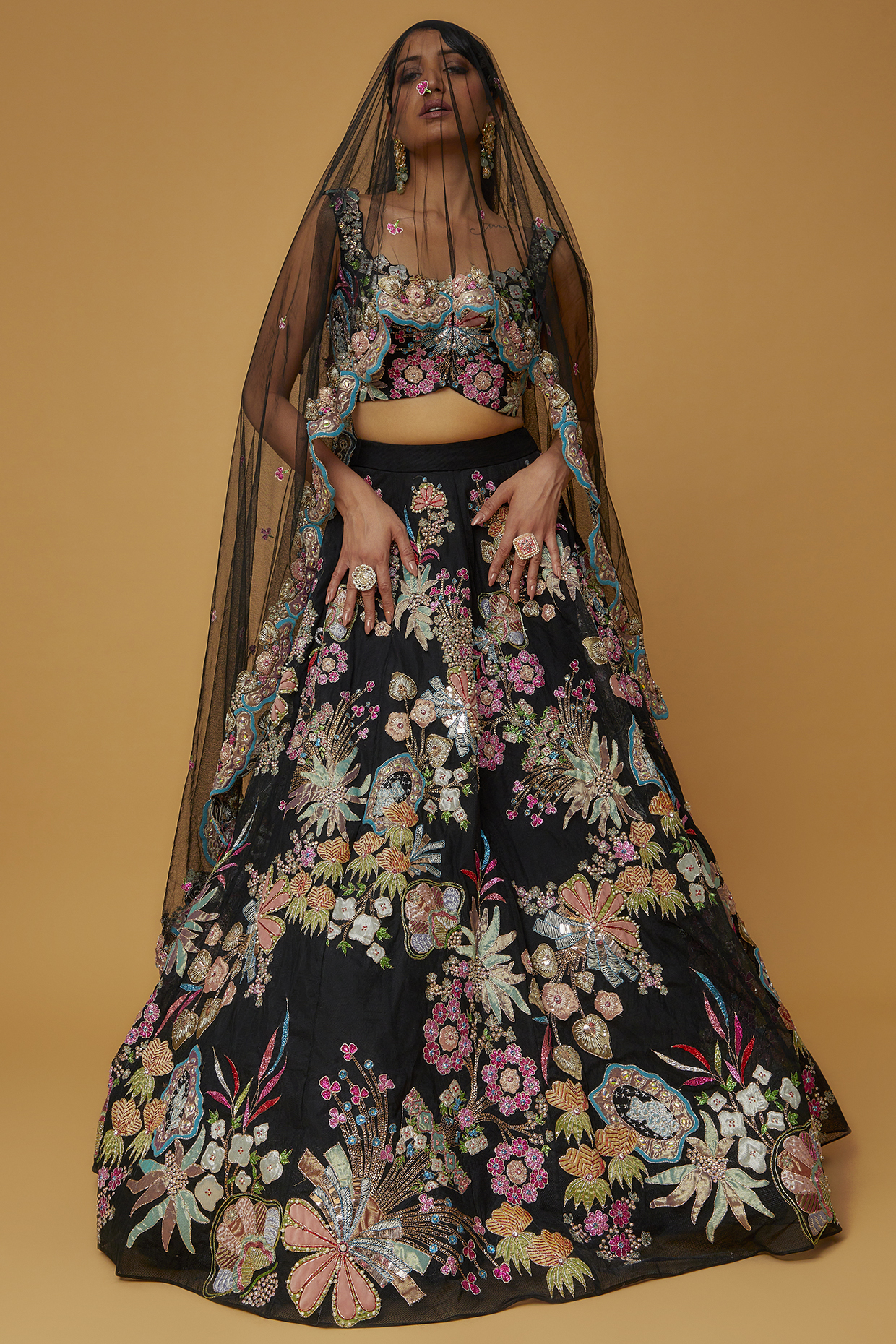 Black Net Embellished Lehenga Set by Aisha Rao