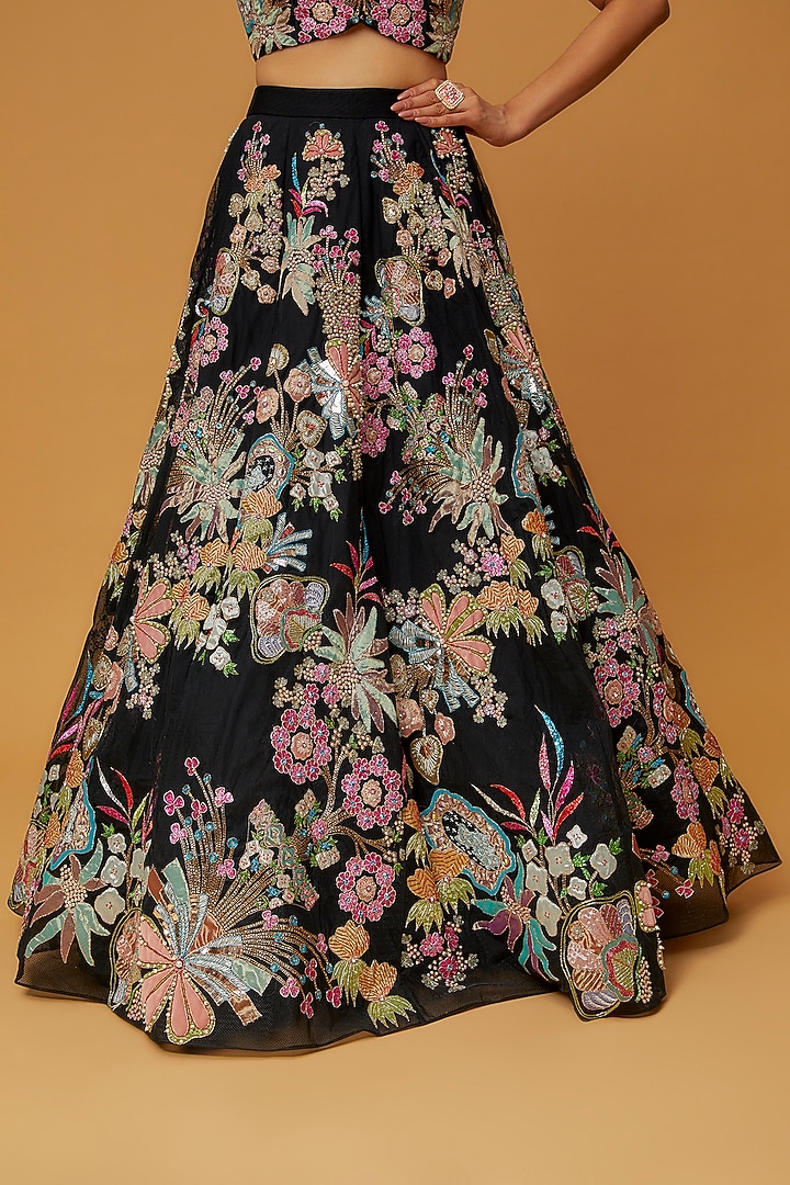 Black Net Applique Embellished Bridal Lehenga Set by Aisha Rao at Pernia's Pop Up Shop