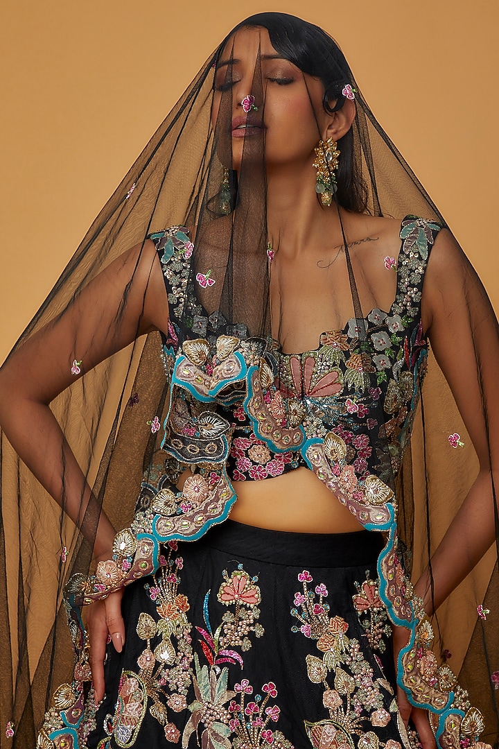 Black Net Applique Embellished Bridal Lehenga Set by Aisha Rao at Pernia's Pop Up Shop