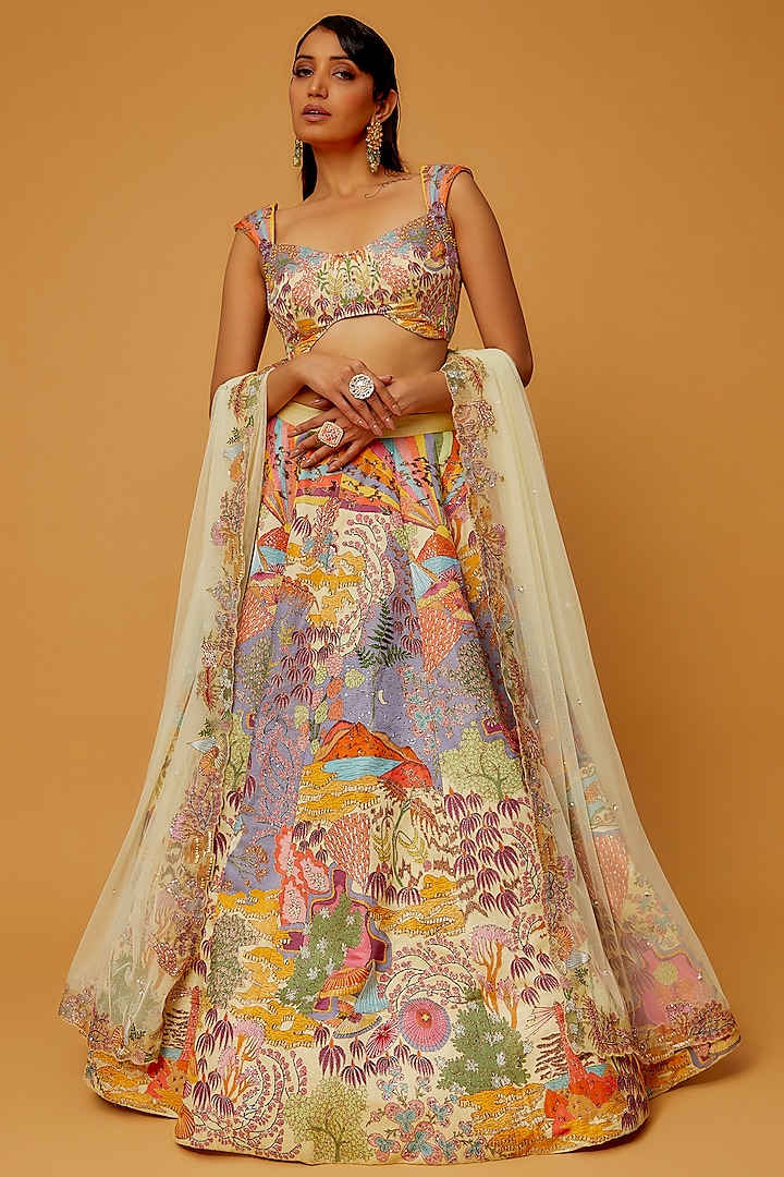 Ivory Silk Printed & Embellished Lehenga Set by Aisha Rao