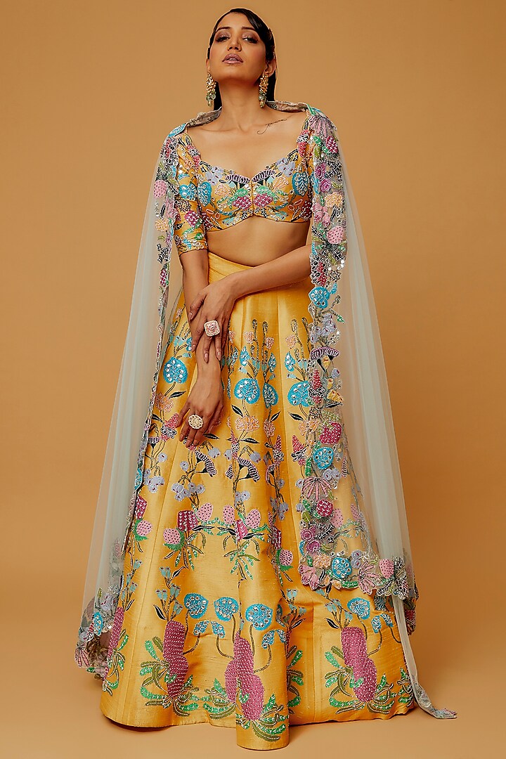 Yellow Raw Silk Embellished Lehenga Set by Aisha Rao