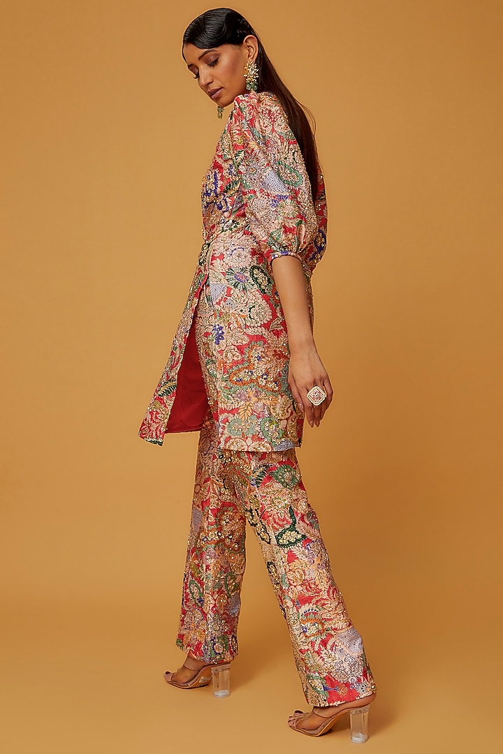 Red Raw Silk Printed & Embellished Kurta Set by Aisha Rao at Pernia's Pop Up Shop