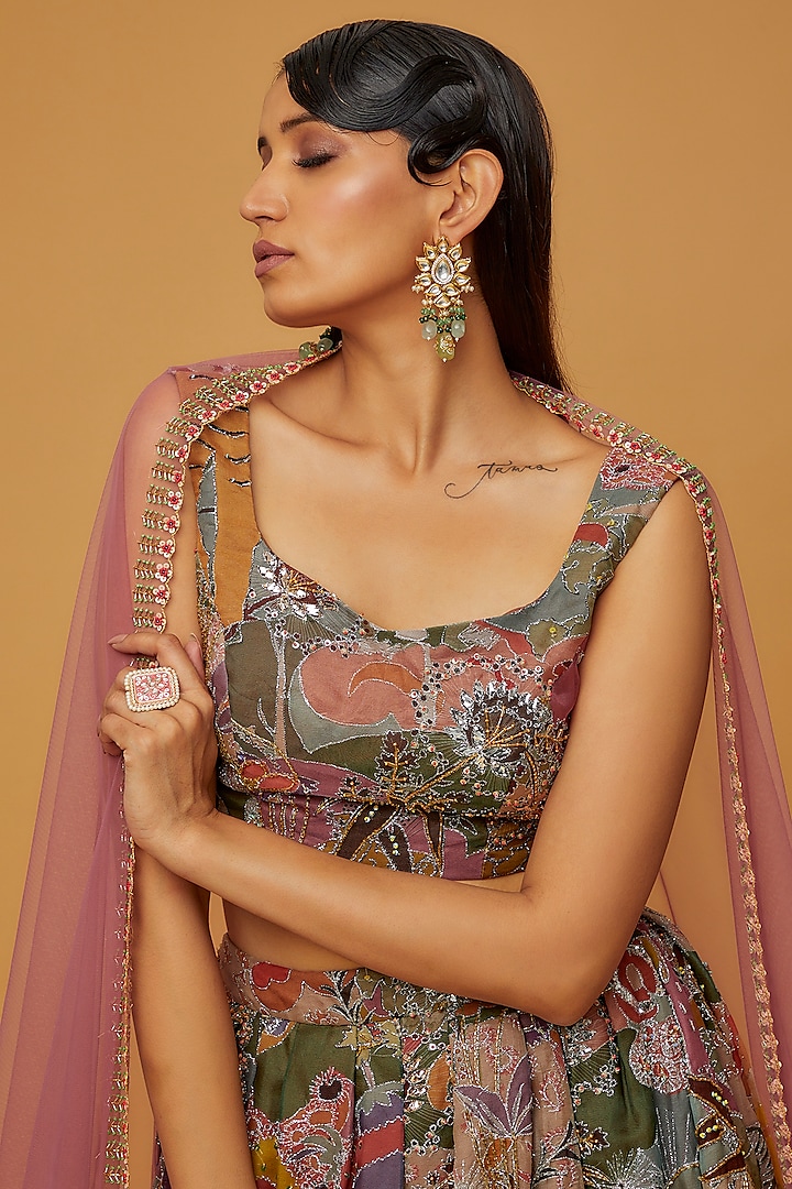 Green Organza Printed & Embellished Bridal Lehenga Set by Aisha Rao at Pernia's Pop Up Shop