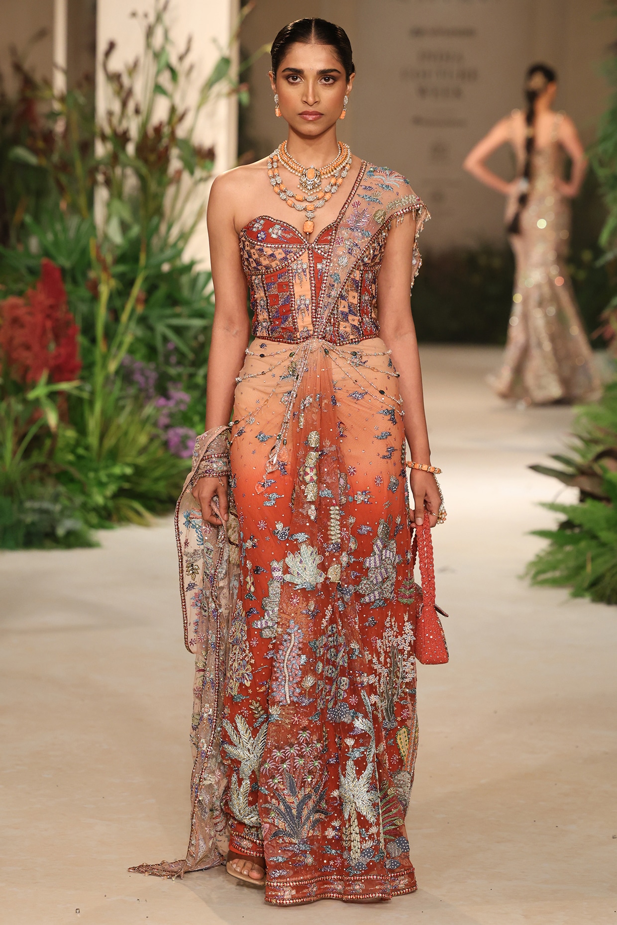Aisha Rao Rust Tulle Applique Embellished Draped Saree
