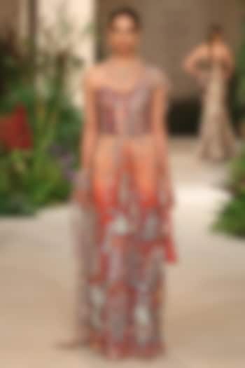 Rust Tulle Applique Embellished Draped Bridal Saree Set by Aisha Rao at Pernia's Pop Up Shop