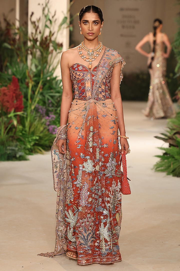 Rust Tulle Applique Embellished Draped Bridal Saree Set by Aisha Rao at Pernia's Pop Up Shop