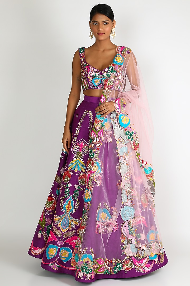 Purple Embroidered Bridal Lehenga Set by Aisha Rao at Pernia's Pop Up Shop