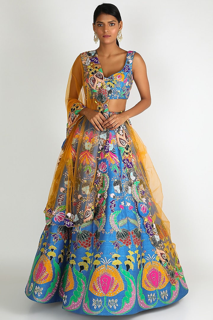 Cobalt Blue Embroidered Bridal Lehenga Set by Aisha Rao at Pernia's Pop Up Shop