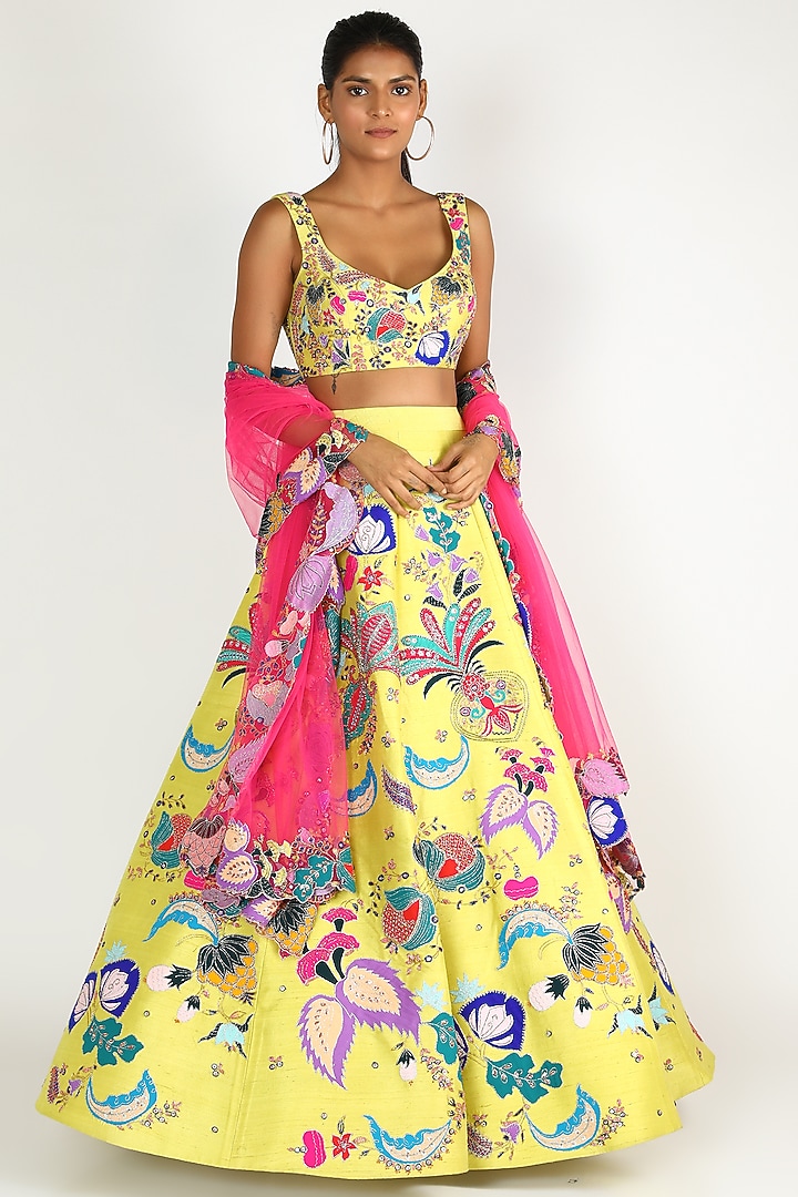 Lime Appliques Embroidered Lehenga Set Design by Aisha Rao at Pernia's