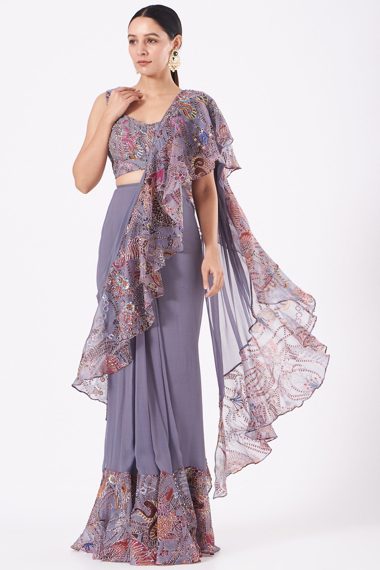 Dull Drape Organza Printed & Embellished Ruffled Reception Saree Set by Aisha Rao at Pernia's Pop Up Shop